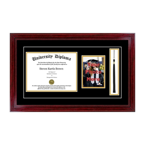 Single Diploma Frame with 5x7 Photo, Tassel and Double Matting for 9" x 7" Tall Diploma with Cherry 1.5" Frame