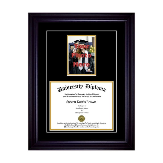 Single Diploma Frame with 5x7 Photo and Double Matting for 10" x 8" Tall Diploma with Black 2" Frame