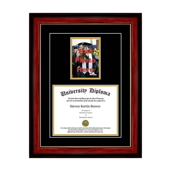 Single Diploma Frame with 5x7 Photo and Double Matting for 10" x 8" Tall Diploma with Mahogany with Gold Lip 2" Frame