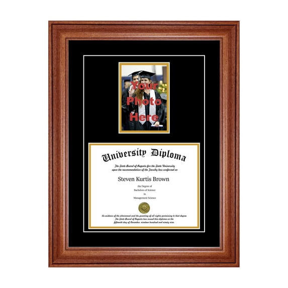 Single Diploma Frame with 5x7 Photo and Double Matting for 14" x 11" Tall Diploma with Walnut 2" Frame