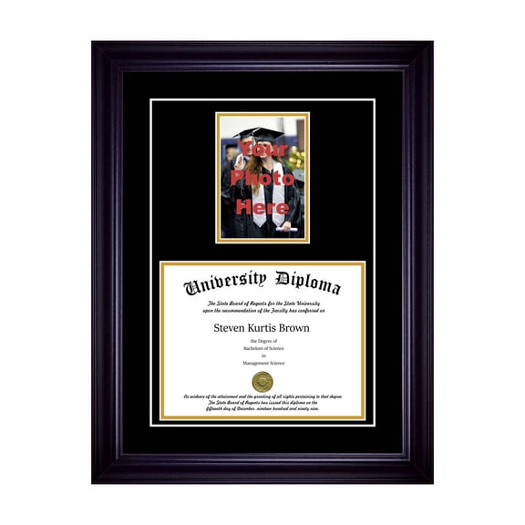 Single Diploma Frame with 5x7 Photo and ouble Matting for 14" x 11" Tall Diploma with Black 2" Frame