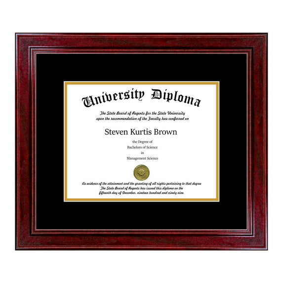 Single Diploma Frame with Double Matting for 17" x 11" Tall Diploma with Cherry 1.5" Frame