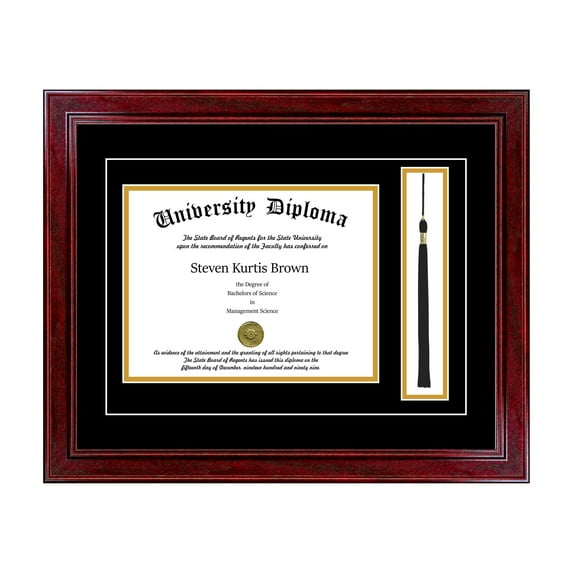 Single Diploma Frame with Tassel and Double Matting for 16" x 12" Tall Diploma with Cherry 1.5" Frame