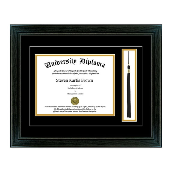 Single Diploma Frame with Tassel and Double Matting for 17" x 14" Tall Diploma with Black 1.5" Frame