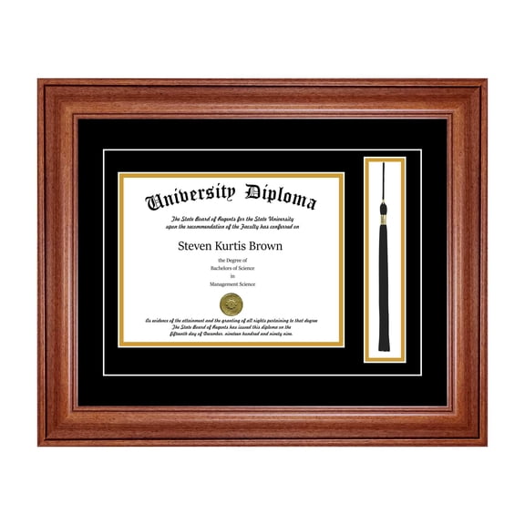 Single Diploma Frame with Tassel and Double Matting for 17" x 14" Tall Diploma with Walnut 2" Frame