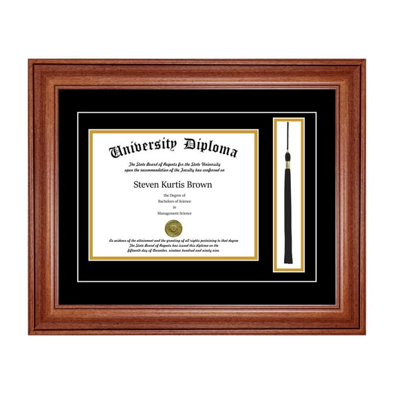 Single Diploma Frame with Tassel and Double Matting for 8.5" x 11" Tall Diploma with Walnut 2" Frame