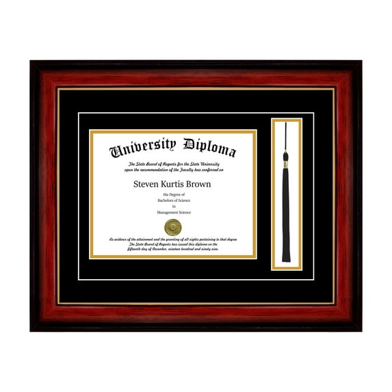 Single Diploma Frame with Tassel and Double Matting for 9" x 7" Tall Diploma with Mahogany with Gold Lip 2" Frame