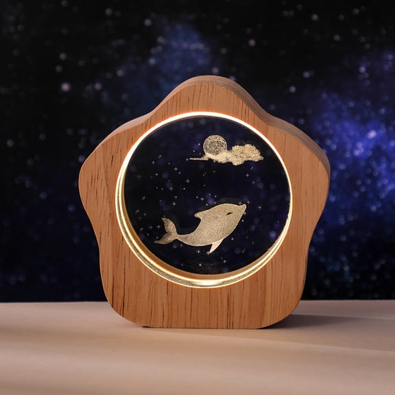 Single Dolphin Crystal Ball with Wooden Light Base, 3D Laser Etched Glass Sphere Decorative Balls Paperweight Gift(60mm)