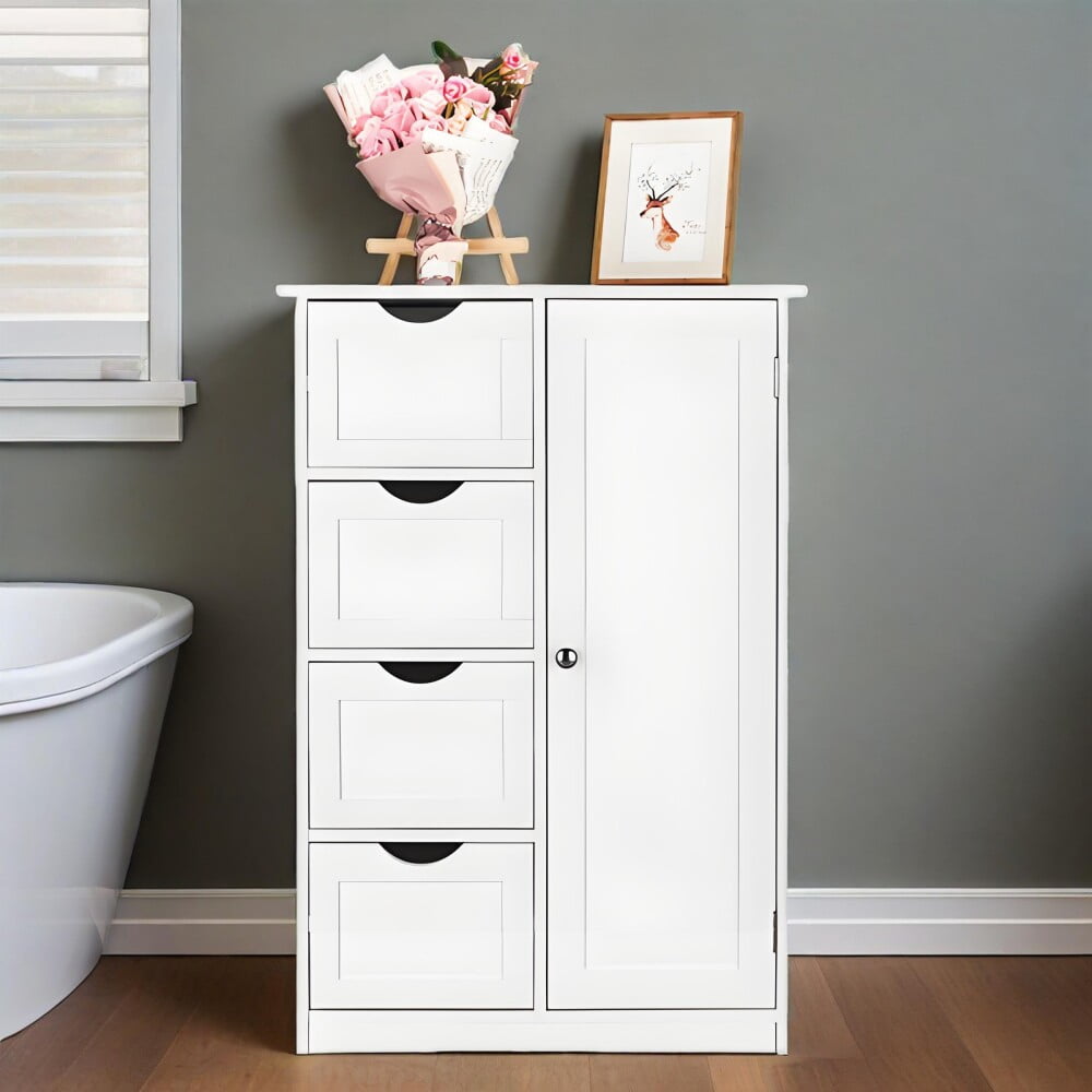 Single Door Bathroom Storage Cabinet with 4 Drawers, White