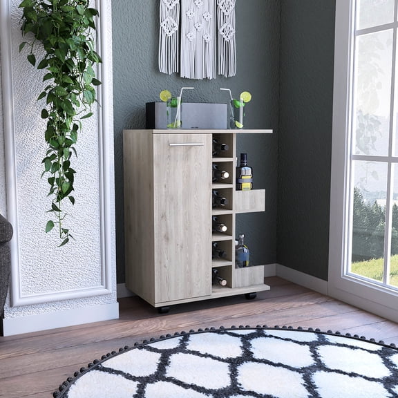 Single Door Cabinet Bar Cart | Provides Enclosed Space for Hidden Storage | Crafted from Particle Board | Solves Problem of Exposed Bar Items