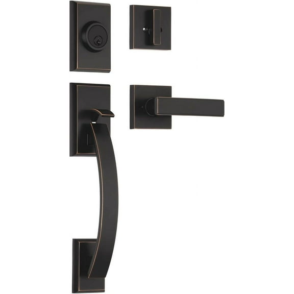 Single Door Handle Set with Single Cylinder Deadbolt, Rectangular Adjustable Entry Door Lock Set (Round Lever, Oil Rubbed Bronze)