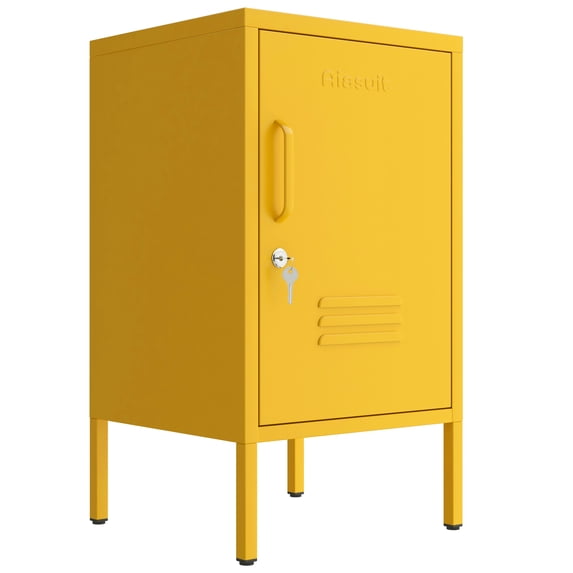 Single Door Lockable Metal End Table & Children's Bedside Table, 2-Tier Storage Cabinet with Adjustable Shelf, Easy Assembly Side Table for Living Room Bedroom Home Office Yellow