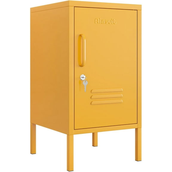 Single Door Lockable Metal End Table Modern Storage Cabinet Minimalist Room Side Table Adjustable Height Cold Rolled Steel Frame Multifunctional Home Table Yellow Size: 28”H x 13.8”W x 15”D