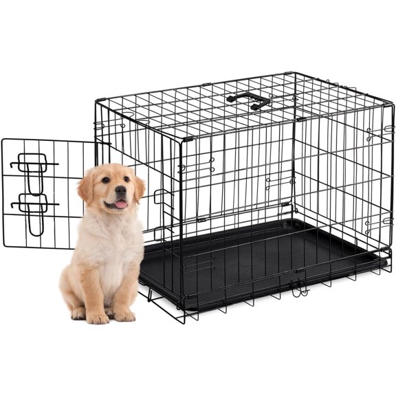Single Double Door Portable Dog Cage Metal Wire Pet Kennel Secure Lock Leak-Proof Tray Foldable For Indoor Outdoor Training Travel