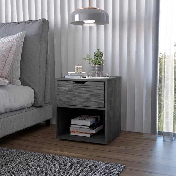Single - Drawer Gray Nightstand | Store Essentials and Showcase Decor in Bedroom | Constructed from Good - Quality Wood | Enhances Bedroom Elegance