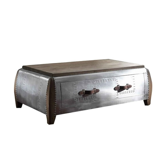 Single Drawer Nailhead Trim Wood and Metal Coffee Table Brown and Silver