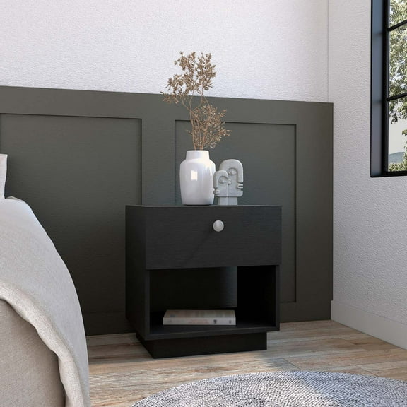 Single Drawer Nightstand 19"H With Open Storage Shelf, Black