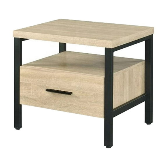 Single Drawer Nightstand Featuring a Tiered Shelf | Useful for Keeping Odds and Ends | Rustic Oak and Industrial Metal | Solves Nightstand Storage Problem
