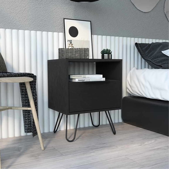 Single Drawer Nightstand with Hairpin Legs | Ideal for Bedside Setting | Strong Particle Board Structure | Solves Bedroom Organization Issues