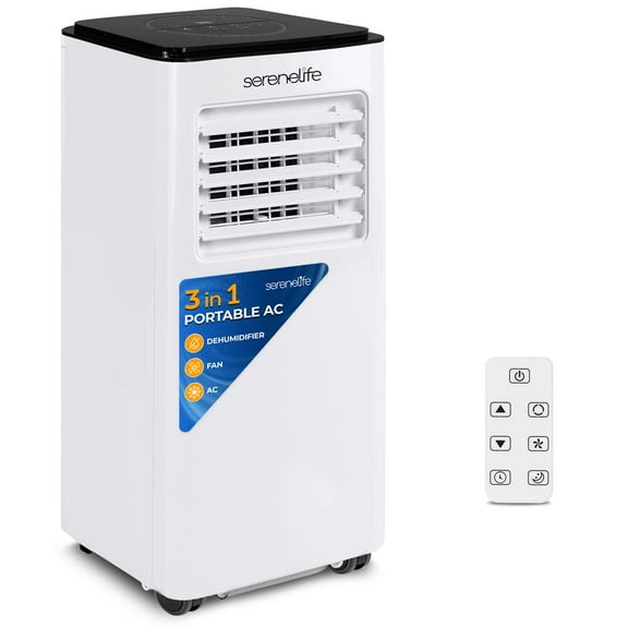 SereneLife 8000 BTU Portable Air Conditioner - 3-in-1 Compact Standing Air Conditioner for Room Up to 300 Sq. Ft. - Floor AC Unit with Remote Control - Universal Casters, Window Mount Kit