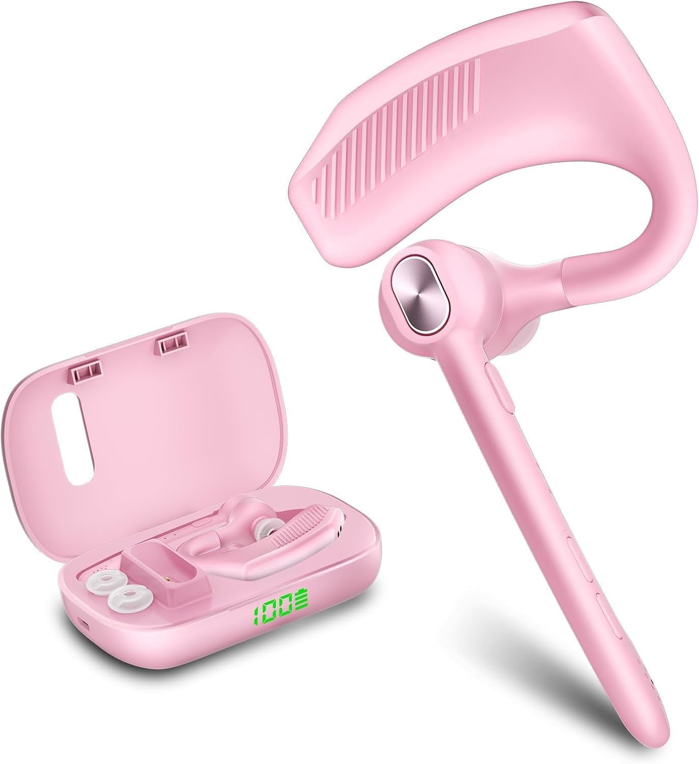 Single Ear Bluetooth Headset, 180H Playtime, 1000mAh Wireless Charging Case, LED Display, Handsfree Mic for Cellphone PC, Trucker Work Game