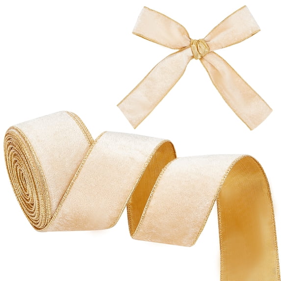 Single Face Velvet Wired Ribbon Gold Edged Polyester Back Ribbon for Bowknot Making White 2-3/8 inch(60mm) 10 yards