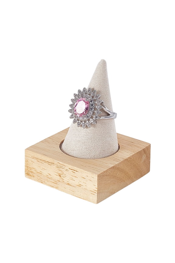Single Finger Ring Holder Beige Velvet Cone Shaped Ring Display Stand with Wooden Coated Base Wedding Jewelry Showcase Ring Organizer with velvet