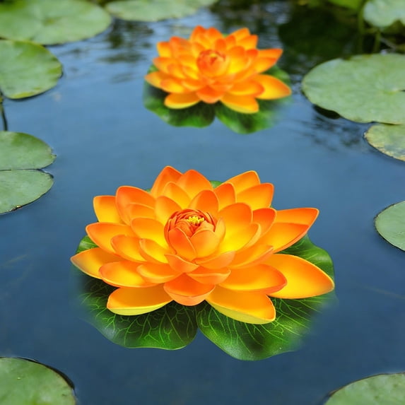 Single Floating Foam Artificial Lotus Flower & Lily Pad, Realistic Fake Water Lily for Pond, Pool & Spring Garden Decoration, EVA Floating Lotus for Water Landscape & Dance Props, 7.09in, Orange