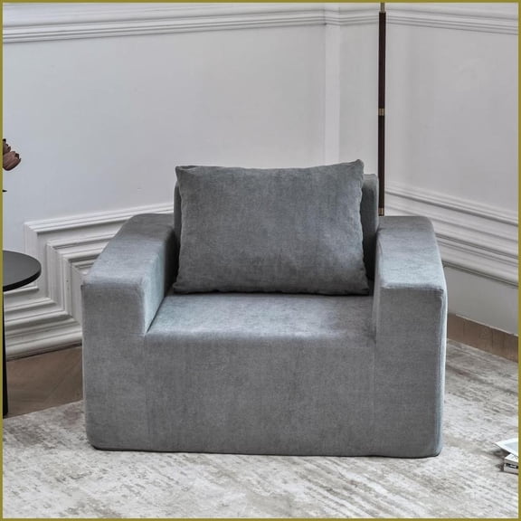 Single Foam Sofa with Pillow  Washable Stain-Resistant Cover, No Assembly for Living Room Bedroom | Polyester | Plain Grey | Square Arms