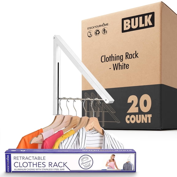 Single Foldable Clothing Rack (20 Count), Wall Mounted Retractable Clothes Hanger, Collapsible Garment Rack for Laundry or Dorm (White)
