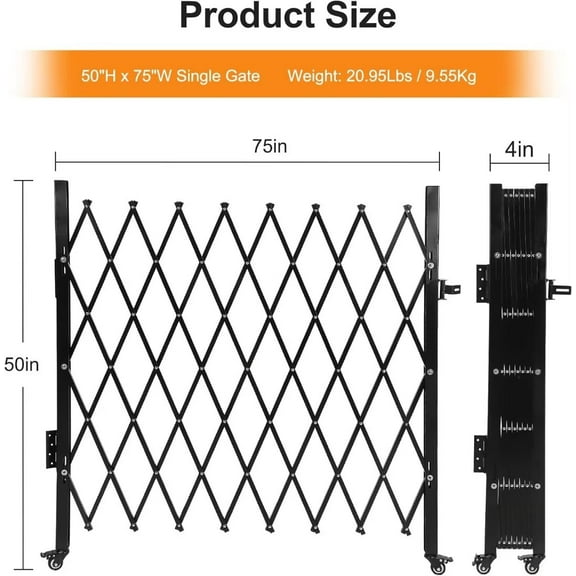Single Folding Security Door | 75"W x 50"H | Durable Design | 360° Rolling Casters | Easy Install