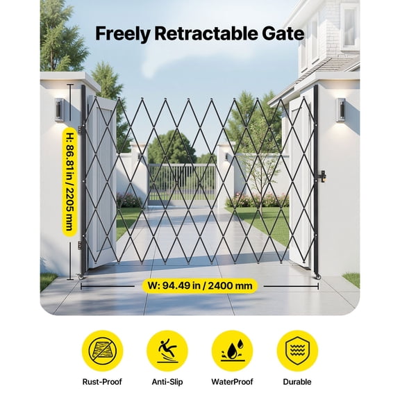 Single Folding Security Gate, Lockable Scissor Gate with 360 Swivel Casters, Outdoor Barricade Steel Retractable Gates, for Entry Security, Garage, Warehouse & Pool, 94.49 x 86.81 in (W x H)