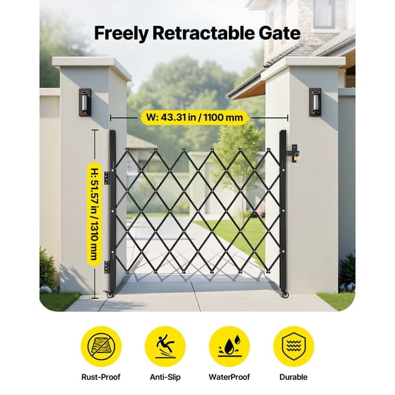 Single Folding Security Gate, Lockable Scissor Gate with 360 Swivel Casters, Outdoor Barricade Steel Retractable Gates, for Entry Security, Garage, Warehouse & Pool, 43.31 x 51.57 in (W x H)