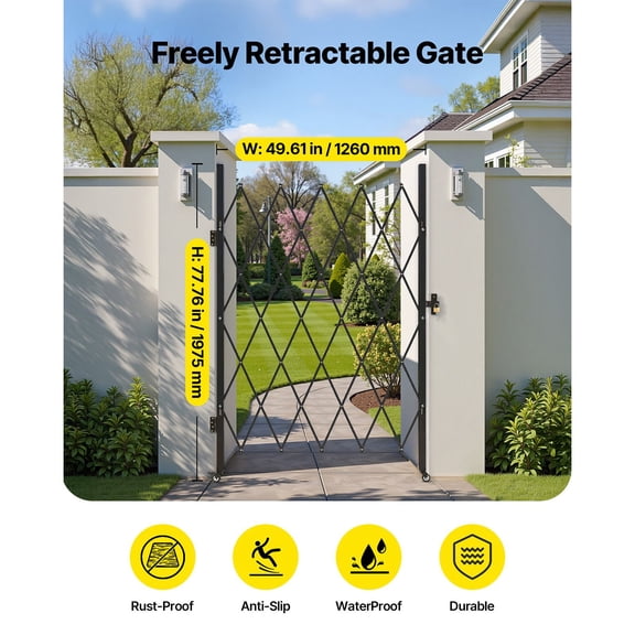 Single Folding Security Gate, Lockable Scissor Gate with 360 Swivel Casters, Outdoor Barricade Steel Retractable Gates, for Entry Security, Garage, Warehouse & Pool, 49.61 x 77.76 in (W x H)