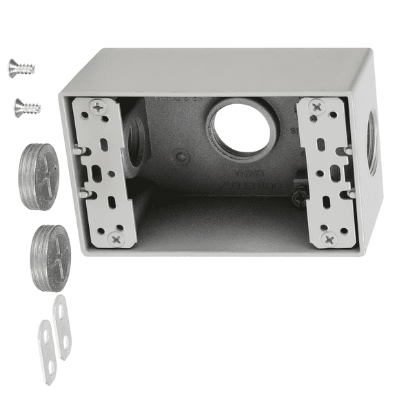 Gray 1-Gang Weatherproof Outlet Box, Die-Cast Aluminum Outdoor Electrical Box with Three 1/2-Inch Hubs, cUL Listed, 1 Pack