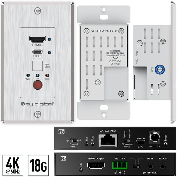 Key Digital Single Gang HDMI USB-C over 164ft / 50m CAT5e/6 Auto Switching Wall Plate Transmitter with Receiver Kit. 4K UHD, 18G, Power over CAT KD-XWPS