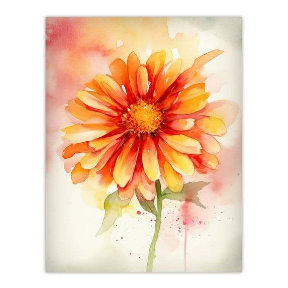 A Single Gerbera Daisy Soft Watercolour Painting Pink Green Orange Spring Bloom Flower Nature Colourful Bright Floral Modern Artwork Large Wall Art Poster Print Thick Paper 18X24 Inch