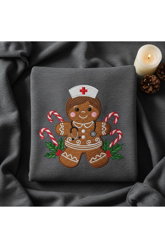 Single Gingerbread Nurse Embroidered Sweatshirt, Cute Christmas RN Sweater, Holiday Healthcare Worker Embroidered Shirt, RN Gift