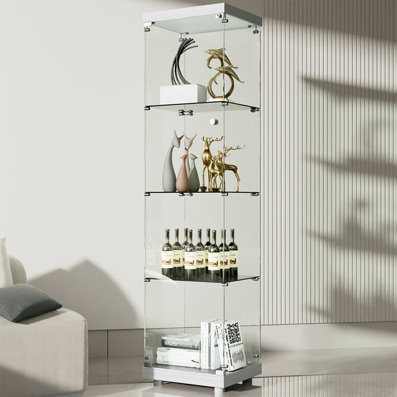Single Glass Door 65.4" Glass Display Cabinet with Metal Lock, 5mm Tempered 4-Shelf Glass Curio Cabinets, Floor Mount Bookshelf Display Case Trophy Case for Living Room Bedroom Kitchen, Upgraded White