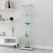 Single Glass-Door Cabinet,Glass Display Cabinet 4 Shelves with Door,Floor Standing Curio Bookshelf for Living Room Bedroom Office (White)