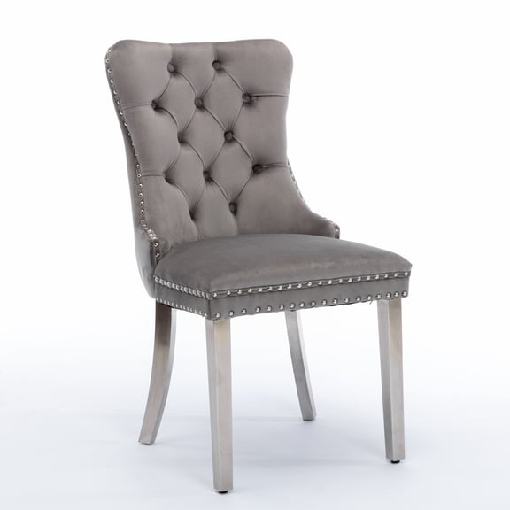 Single Gray Tufted Velvet Dining Chair, Solid Wood Frame, Chrome Plated Steel Legs with Decorative Nailhead Trim
