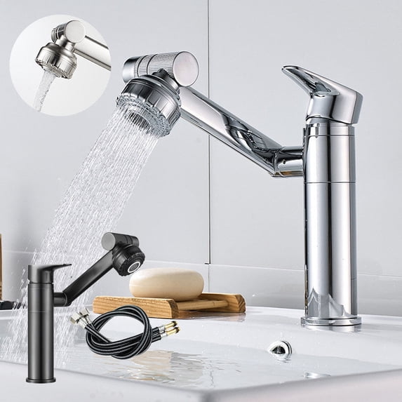 Single Handle Basin Mixer Tap Brass Single Hole Bathroom Faucet with Hot/Cold Water and Rotation
