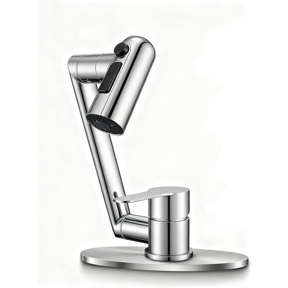 Single Handle Bathroom Faucet, 1080° Swivel Rotatable Faucet with 6'' Deck Plate, Short Bath Sink Faucets for Kitchen Rv Bath Lavatory Sink 1 or 3 Hole, Chrome