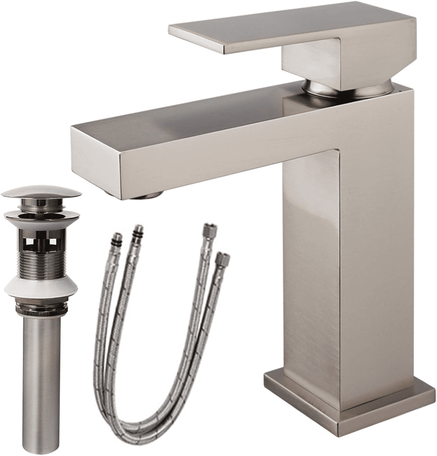 Single Handle Bathroom Faucet, Brushed Nickel Single Hole Bathroom Faucet, Solid Brass Modern Bathroom Sink Faucet Vanity Square Bathroom Faucet with Pop-up Drain & Overflow & Water Supply Hoses