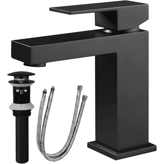 Single Handle Bathroom Faucet, Matte Black Single Hole Bathroom Faucet, Solid Brass Modern Bathroom Sink Faucet Basin Vanity Square Bathroom Faucet with Pop-up Drain & Water Supply Hoses