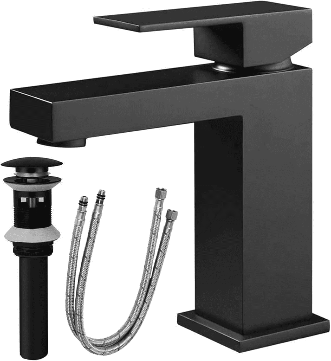 Single Handle Bathroom Faucet, Matte Black Single Hole Bathroom Faucet, Solid Brass Modern Bathroom Sink Faucet Vanity Square Bathroom Faucet with Pop-up Drain & Overflow & Water Supply Hoses