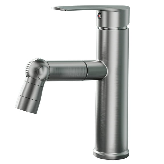 Single Handle Bathroom Faucet with Pull-Out Sprayer, 360° Swivel Spout, 3 Water Flow Modes, Brass Construction, One Hole Installation for Hot/Cold Water Sink Faucet
