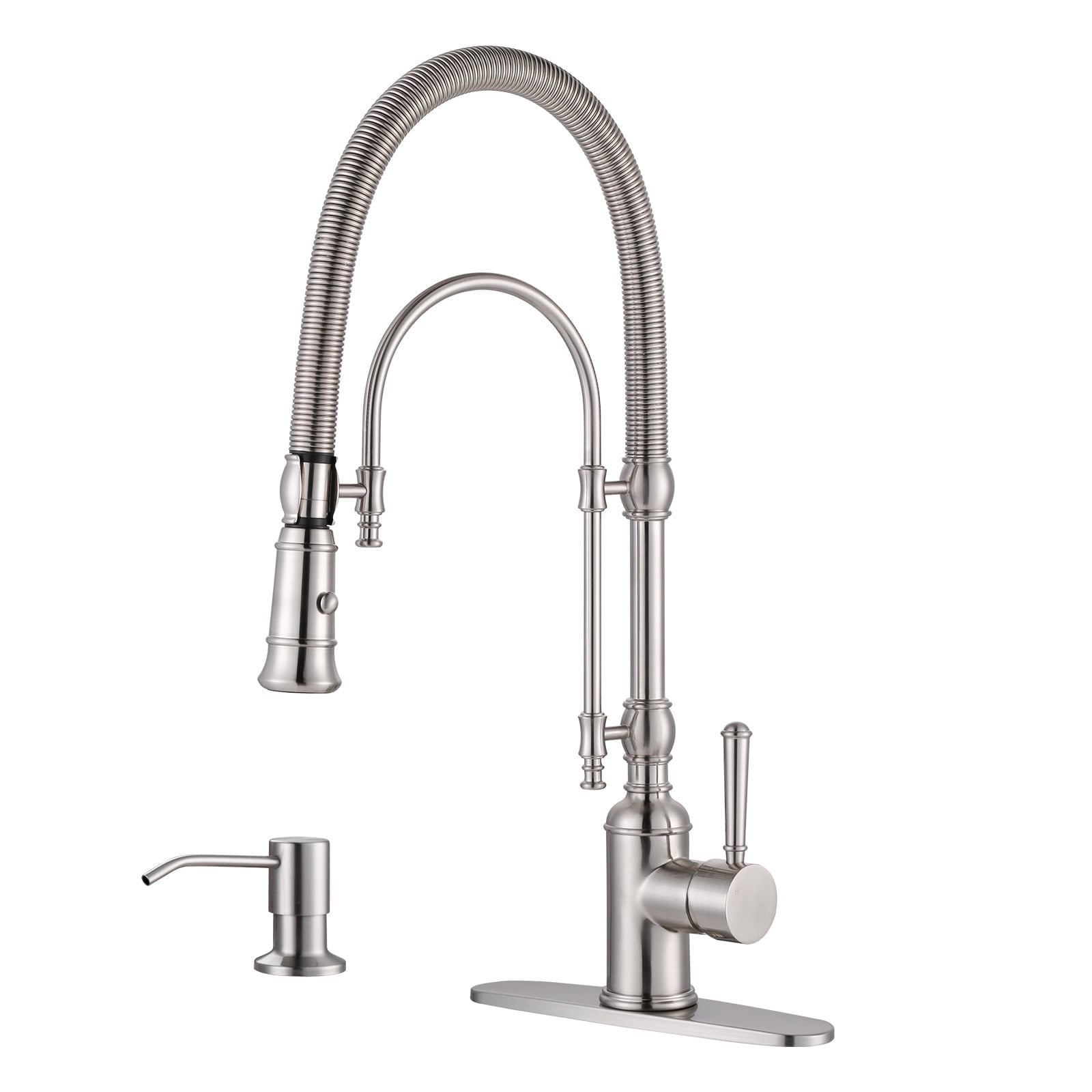 Wowow 20.7 in.Single Handle Convenient Pull Down Sprayer Kitchen Faucet in Brushed Nickel with Soap Dispenser