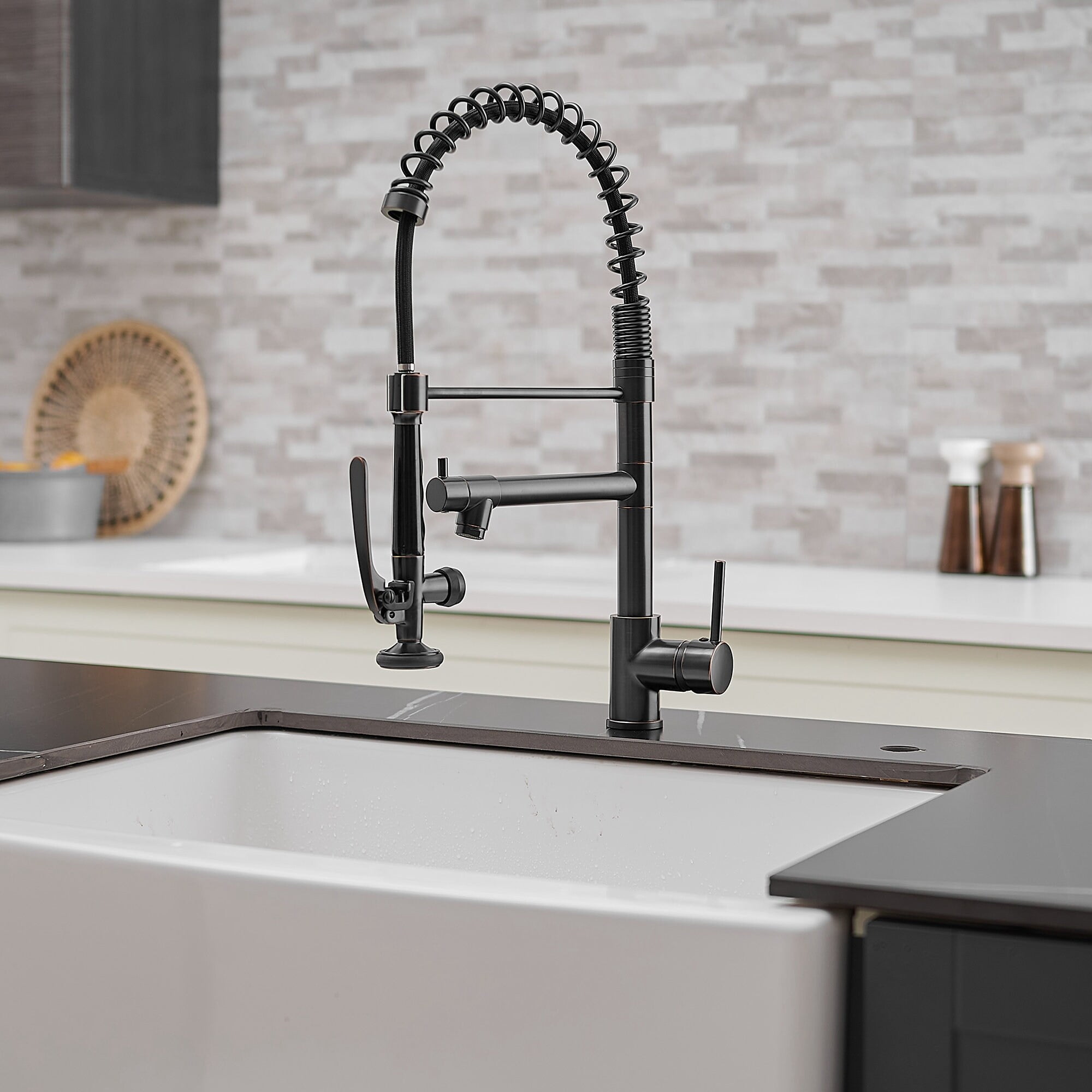 Oil Rubbed Bronze Double-Spout High Arc Kitchen Faucet with Pull-out Spray