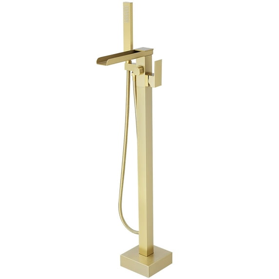 Single-Handle Floor Mount Freestanding Bathtub Faucet Waterfall Tub Filler with Handheld Shower in Brushed Gold
